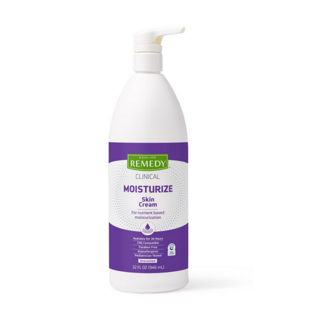 A white pump bottle labeled Medline Remedy Clinical Skin Cream - Full Body Lotion, 32 fl oz (946 mL), with nutrient-rich, long-lasting hydration and a purple and white design on a plain white background.
